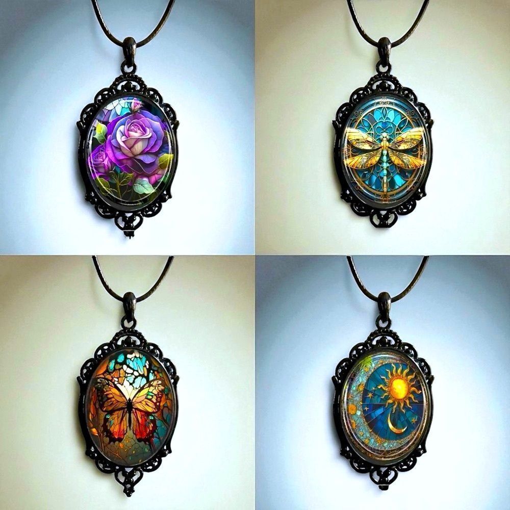 Oval Glass Necklace l Rose, Dragonfly, Butterfly, Moon Pendant l Black Frame New